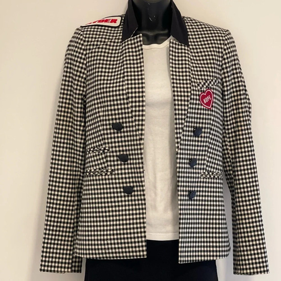 Veronica Beard Gingham Upcollar black blazer Dickey Jacket with patches - Picture 1 of 6